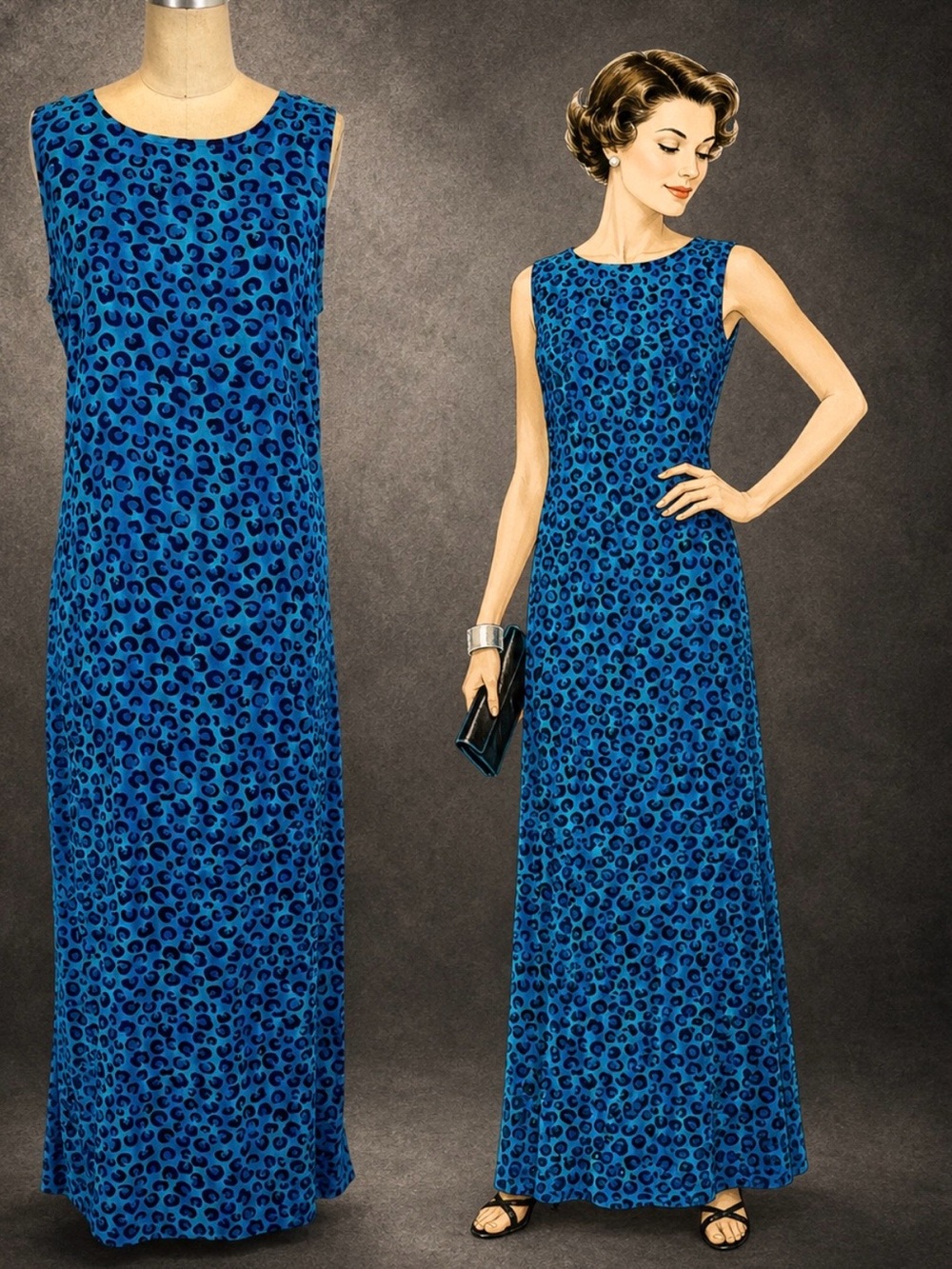 VINTAGE 90s cheetah animal print teal blue long maxi sleeveless leopard big cat